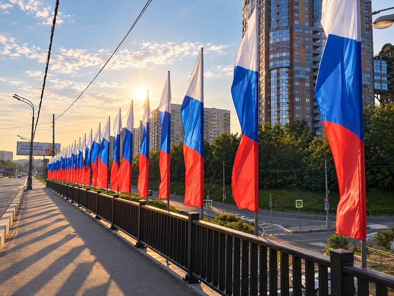 Флаговое оформление моста на Кутузовском проспекте